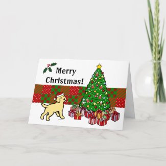 イエロー・ラブラドール・レトリーバーの子犬およびクリスマスツリー グリーティングカード
