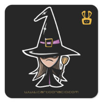 ハロウィンのステッカー-ほうきを持つかわいい漫画の魔法使い シール