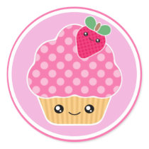 ピンクのいちごのKawaiiのカップケーキのステッカー 丸形シール・ステッカー