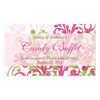 ピンクの緑の花の結婚式キャンデーのビュッフェのギフトカード ビジネスカードテンプレート