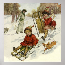 彼らの飼い犬とSleddingビクトリア朝の子供