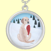 黄色いラブラドルのクリスマスの絵画 ネックレス