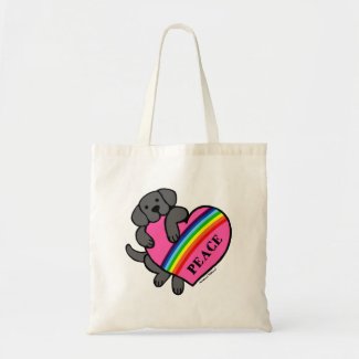 黒いラブラドールの虹のハート キャンバス地バッグ