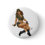 Alリオによる黒っぽい髪の軍隊か軍のPinupの女の子 缶バッジ