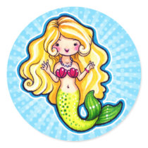 Kawaii Chibiのかわいい人魚、想像の妖精の芸術 丸形シール・ステッカー