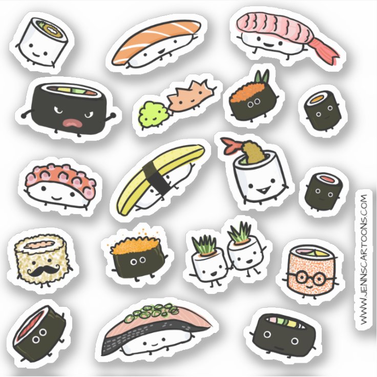 おもしろいの寿司および刺身のキャラクターのビニールのステッカーセット シール Zazzle Co Jp