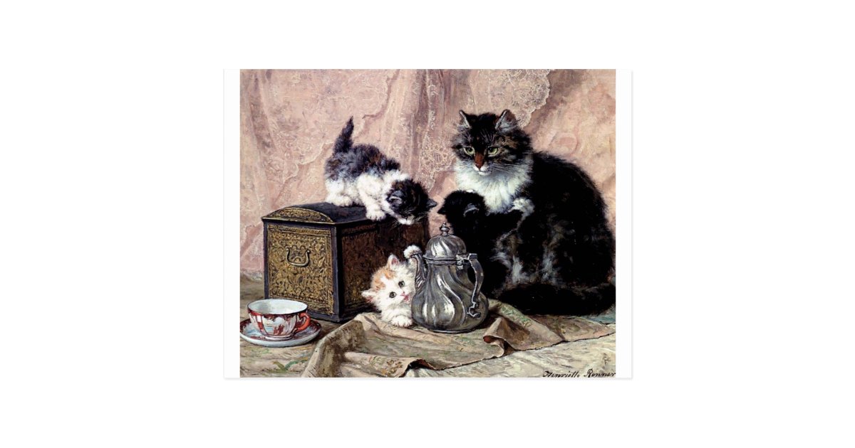 お茶会の旧式な絵画を遊んでいる猫の子ネコ ポストカード Zazzle Co Jp