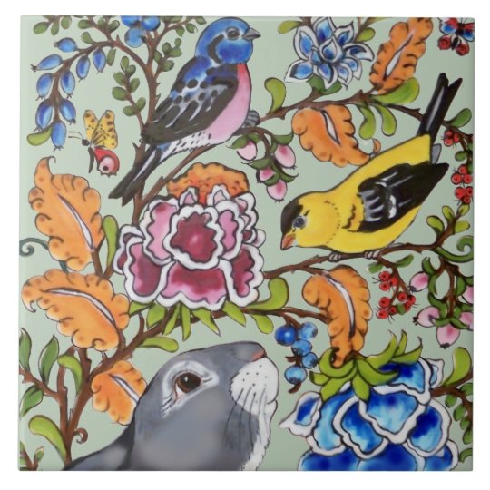 かわいいうさぎ壁画フローラミントバックグラッドトップハー フサー タイル Zazzle Co Jp