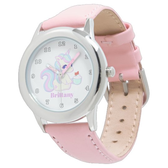 かわいいカップケーキのユニコーンの女の子の腕時計は名前を加えます 腕時計 Zazzle Co Jp