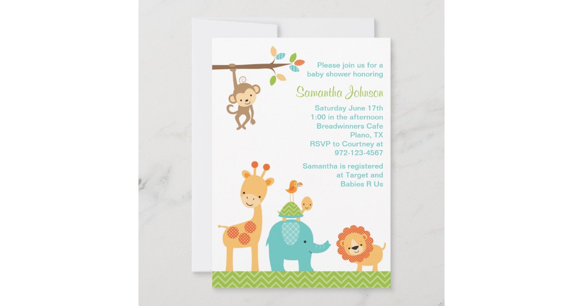 かわいいジャングルサファリ動物たちベビーシャワー招待状 招待状 Zazzle Co Jp かわいいジャングルサファリ動物たちベビーシャワー招待状 招待状 Zazzle Co Jp