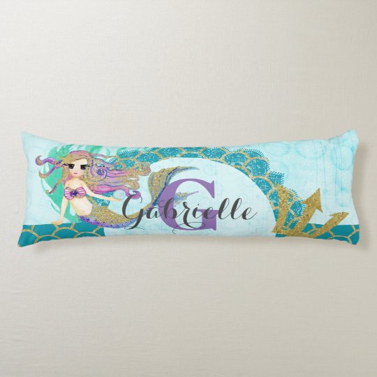 かわいいモノグラムの人魚のティール 緑がかった色 及び紫色の水彩画 ボディピロー Zazzle Co Jp