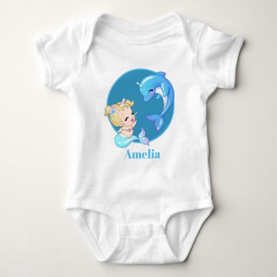 かわいいユニコーンの人魚は一流のイルカの女の赤ちゃんを加えます ベビーボディスーツ Zazzle Co Jp