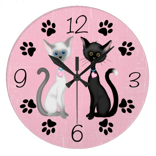 かわいい子猫猫および足のプリントの の黒のピンクの白 ラージ壁時計 Zazzle Co Jp