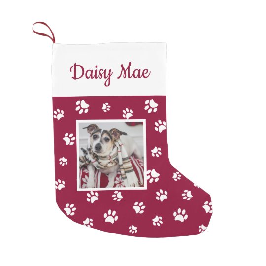 かわいい犬の名前及び写真の赤と白の足のプリント スモールクリスマスストッキング Zazzle Co Jp