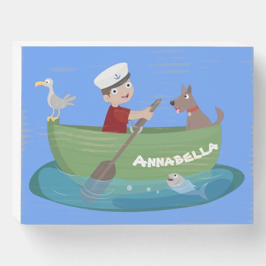 かわいい男の子のセーラーと犬の漕ぎ舟漫画 ウッドボックスサイン Zazzle Co Jp