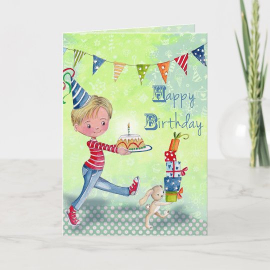 かわいい緑の小さい誕生日の男の子のイラストレーション カード Zazzle Co Jp