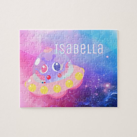 かわい飛んでいるいソーサー宇宙エイリアンピンクブルーガールネーム ジグソーパズル Zazzle Co Jp