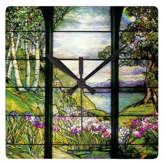 アールヌーボーのステンドグラスのtiffanyの自然 スクエア壁時計 Zazzle Co Jp