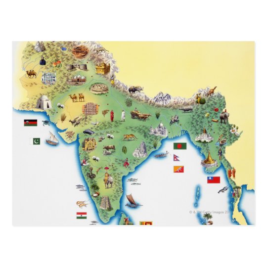 インドのイラストレーションの提示を用いる地図 ポストカード Zazzle Co Jp