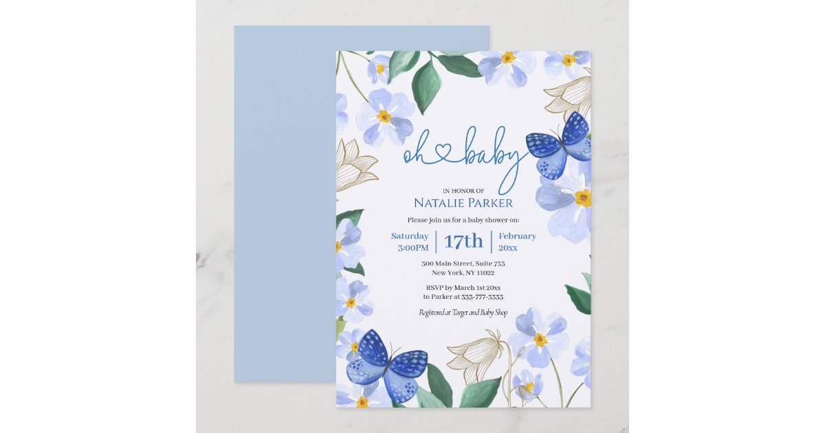 オー ベイビー ブルー バタフライ フローラ ボーイ ベビー シャワー 招待状 Zazzle Co Jp