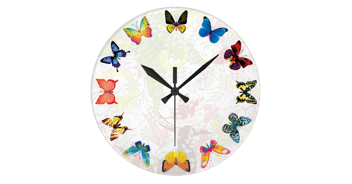 カラフルな蝶は部屋の柱時計をからかいます ラージ壁時計 Zazzle Co Jp