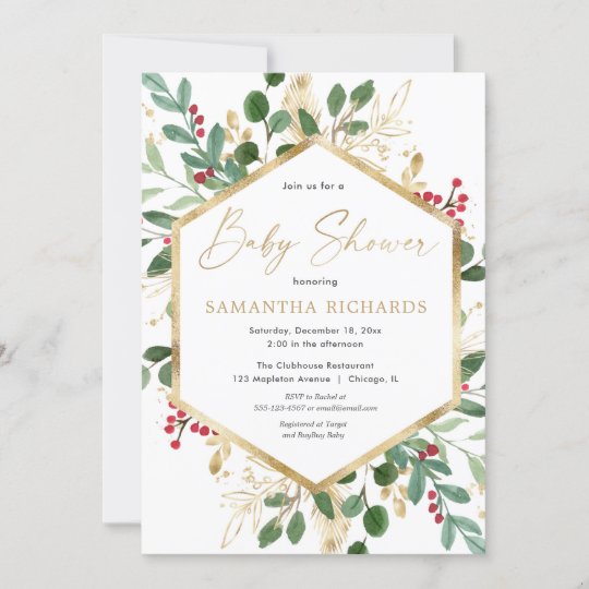 クリスマスの緑の金ゴールドの赤い空の赤ちゃんシャワー 招待状 Zazzle Co Jp