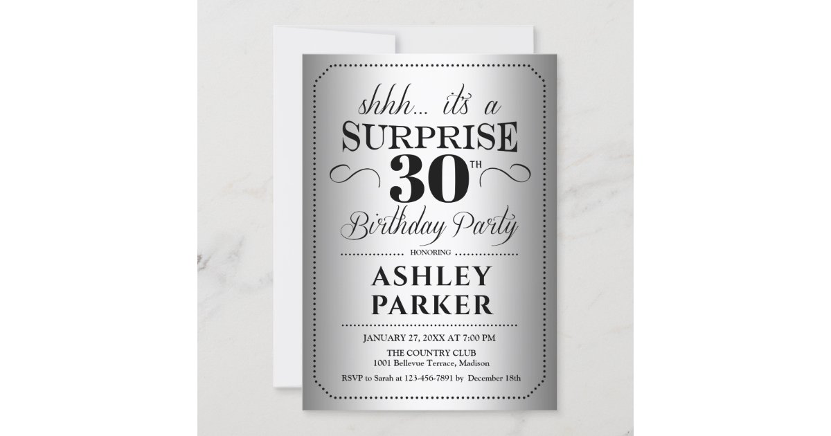 サプライズ30歳の誕生日パーティー シルバー 招待状 Zazzle Co Jp サプライズ30歳の誕生日パーティー シルバー 招待状 Zazzle Co Jp