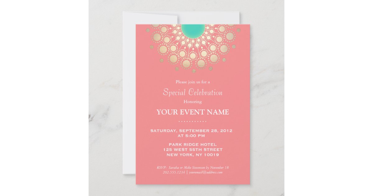 サンゴエレガントピンクと金ゴールドサークルのモチーフパーティー 招待状 Zazzle Co Jp