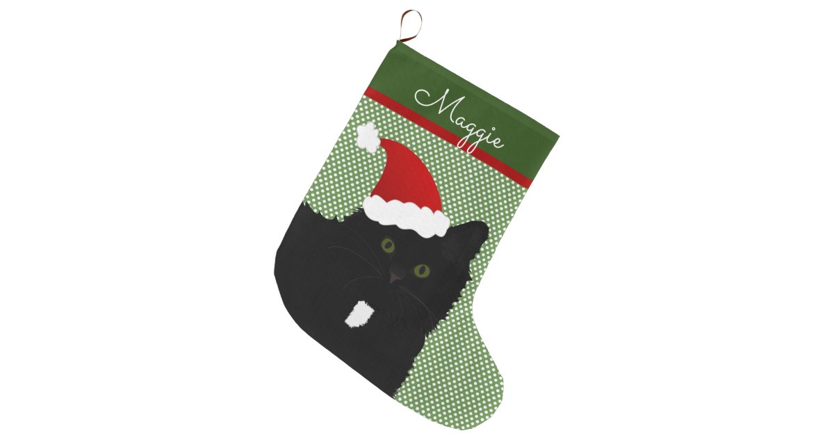 サンタの緑の瞳の長い毛の黒猫 ラージクリスマスストッキング Zazzle Co Jp