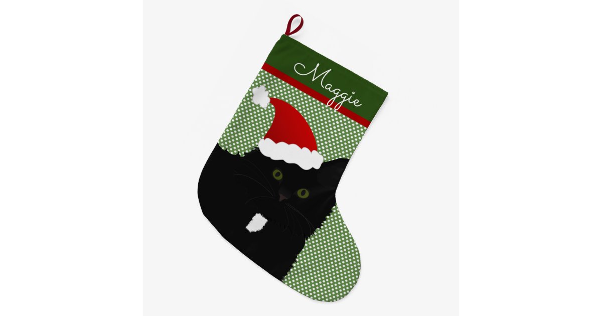 サンタの緑の瞳の長い毛の黒猫 ラージクリスマスストッキング Zazzle Co Jp