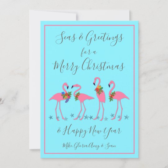 シーズ アンド グリーティング フラミンゴス クリスマス フラット カード Zazzle Co Jp