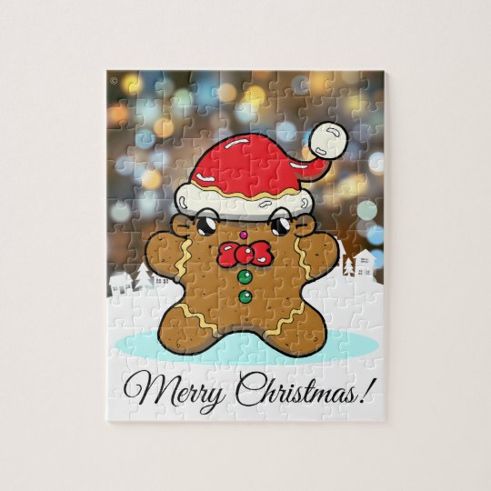 ジンジャーブレッドマンの漫画のクリスマスの挨拶 ジグソーパズル Zazzle Co Jp