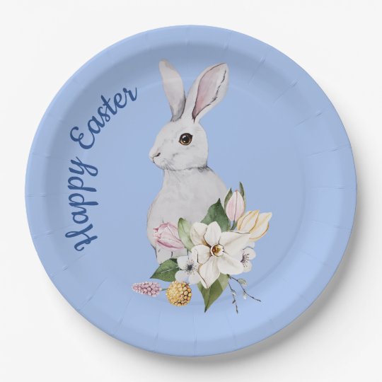 スカイブルーウォーターカラーイースターバニー春の花 ペーパープレート Zazzle Co Jp