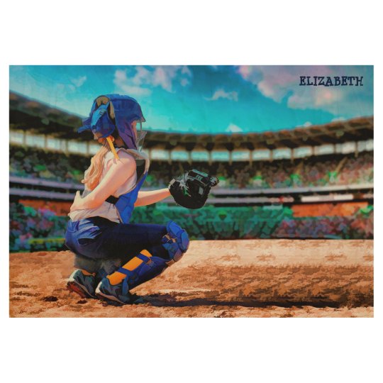 ソフトボールのキャッチャーおよび競技場の絵画 ウッドポスター Zazzle Co Jp