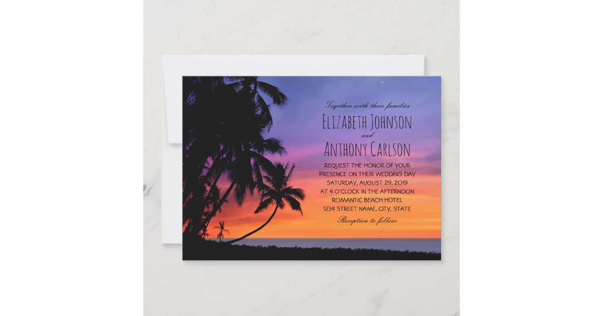 ハワイの日没のヤシの木のビーチのテーマの結婚式 招待状 Zazzle Co Jp