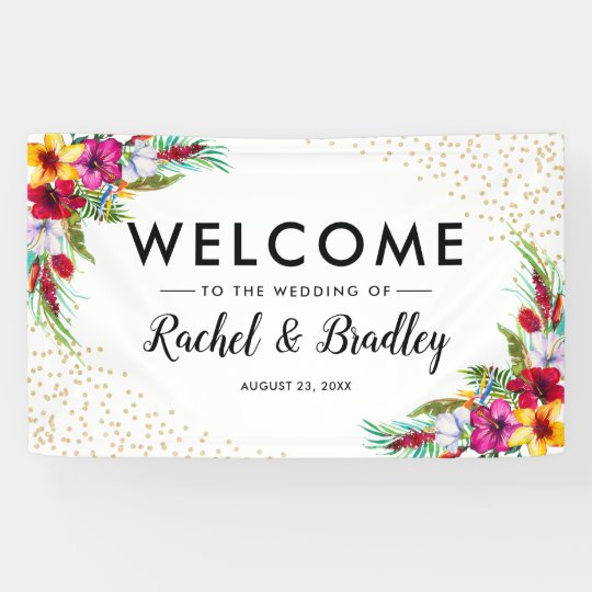 ハワイの熱帯花の金ゴールドのグリッターの結婚式 横断幕 Zazzle Co Jp ハワイの熱帯花の金ゴールドのグリッターの結婚式 横断幕 Zazzle Co Jp