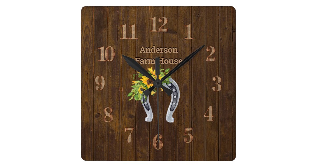 バーンウッ素朴ドファームハウスホースシュサンフラワーズ スクエア壁時計 Zazzle Co Jp