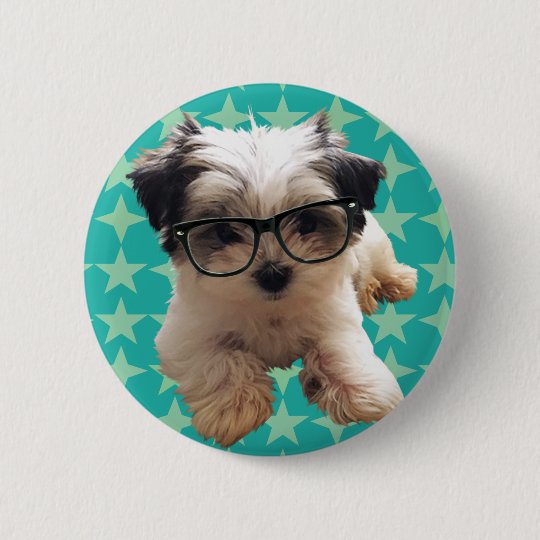 ヒップスターガラスのかわいい子犬 缶バッジ Zazzle Co Jp