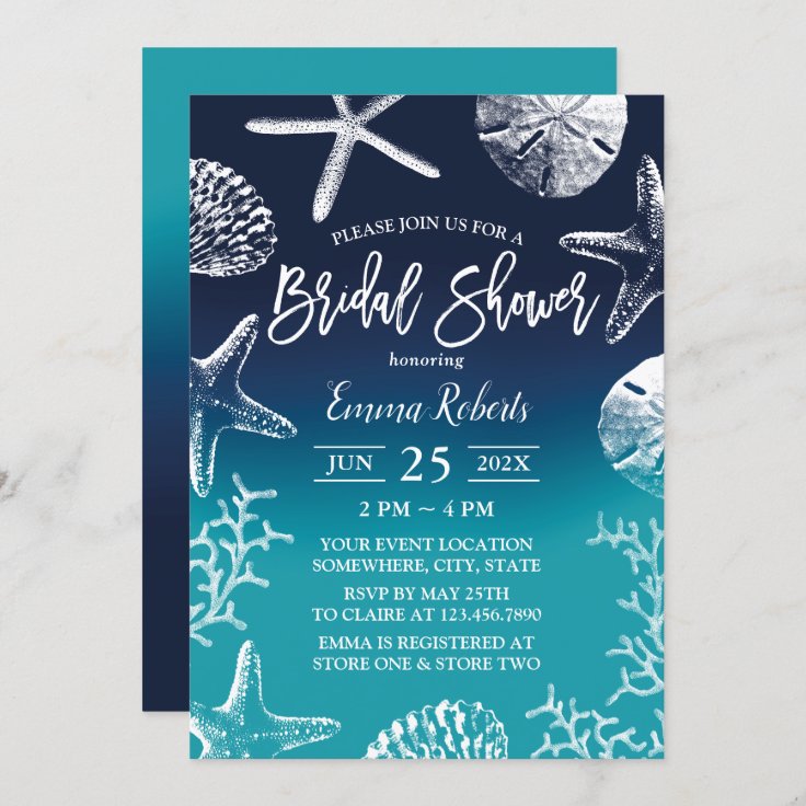 ビーチ結婚式海ブルーシーシェルズブライダルシャワー 招待状 Zazzle Co Jp