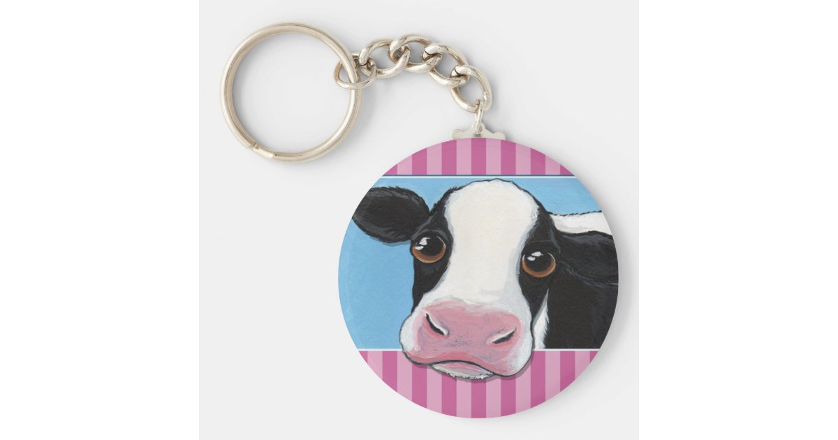 ピンクのストライプを持つかわいくお洒落で黒く及び白い牛 キーホルダー Zazzle Co Jp