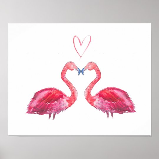 ピンクのフラミンゴ愛ハートの水彩画 ポスター Zazzle Co Jp