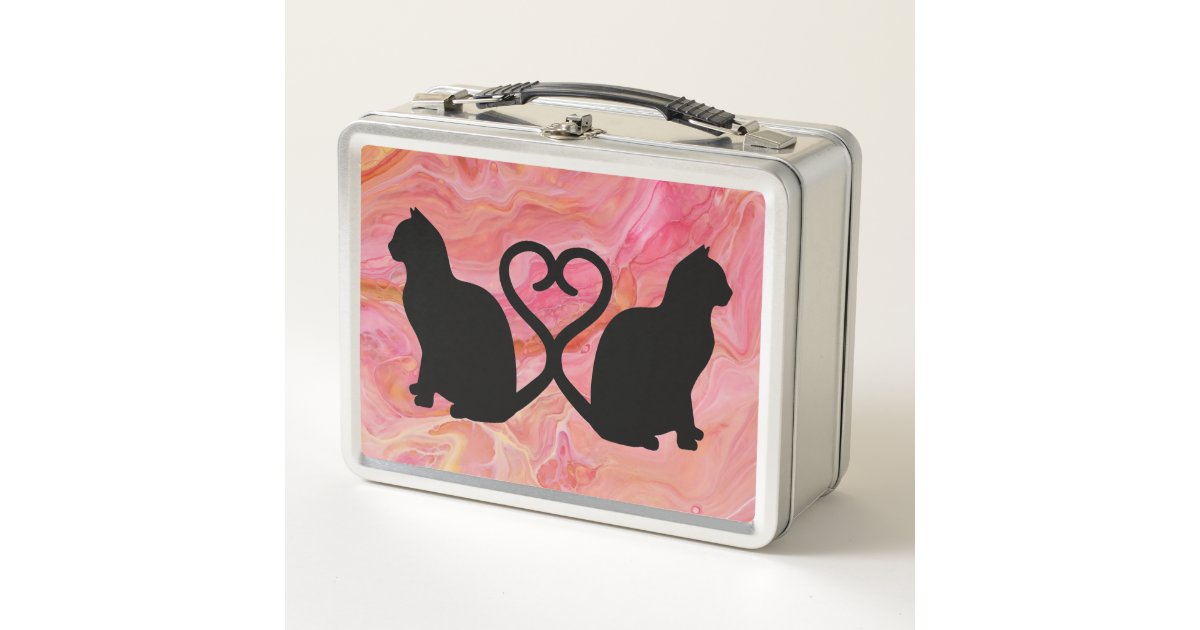 ピンクの大理石に猫のハートのしっぽ2本 メタルランチボックス Zazzle Co Jp
