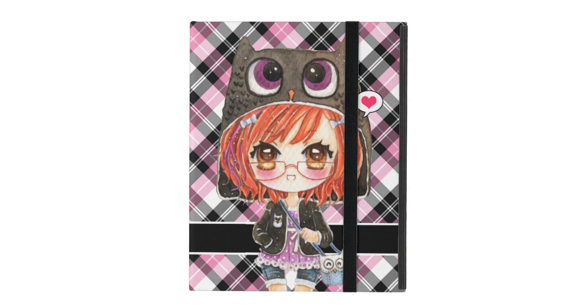 ピンクの格子縞のかわいいのフクロウのフード付きスウェットシャツのかわいい日本製アニメの女の子 Ipad ケース Zazzle Co Jp