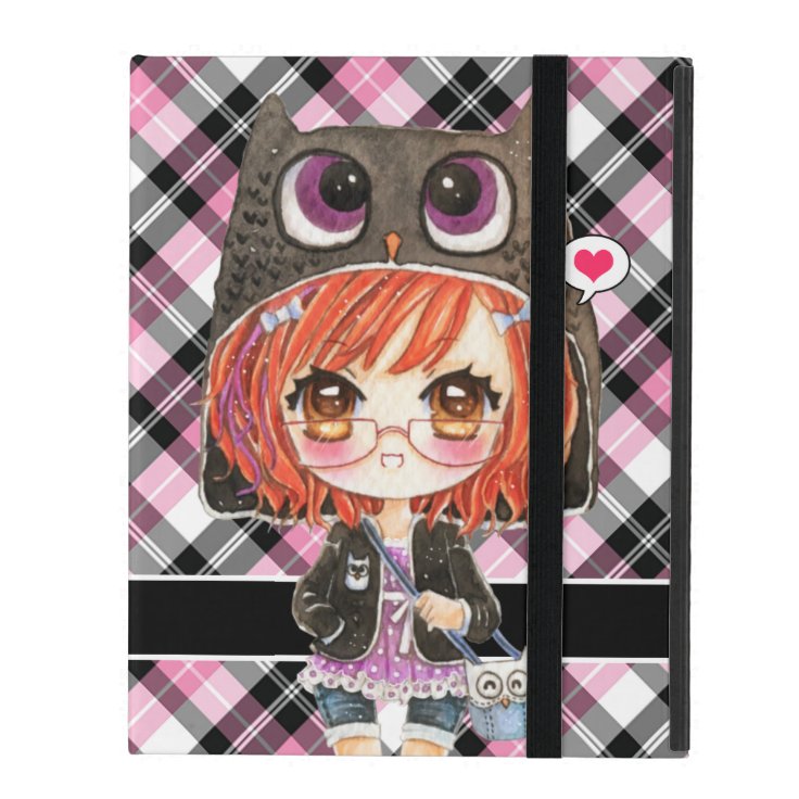 ピンクの格子縞のかわいいのフクロウのフード付きスウェットシャツのかわいい日本製アニメの女の子 Ipad ケース Zazzle Co Jp
