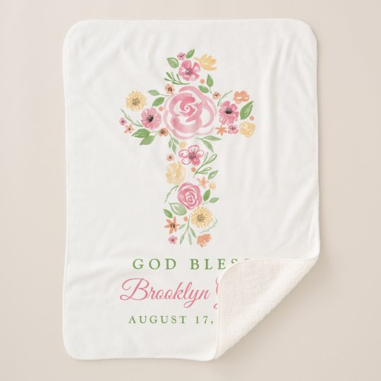 ピンクの水彩画の花の十字の洗礼 キリスト教 洗礼式や命名式 シェルパブランケット Zazzle Co Jp