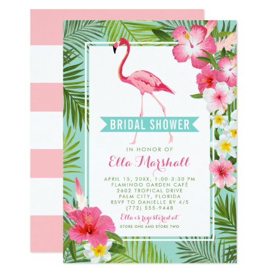 ピンクの熱帯フラミンゴの花柄のブライダルシャワー 招待状 Zazzle Co Jp