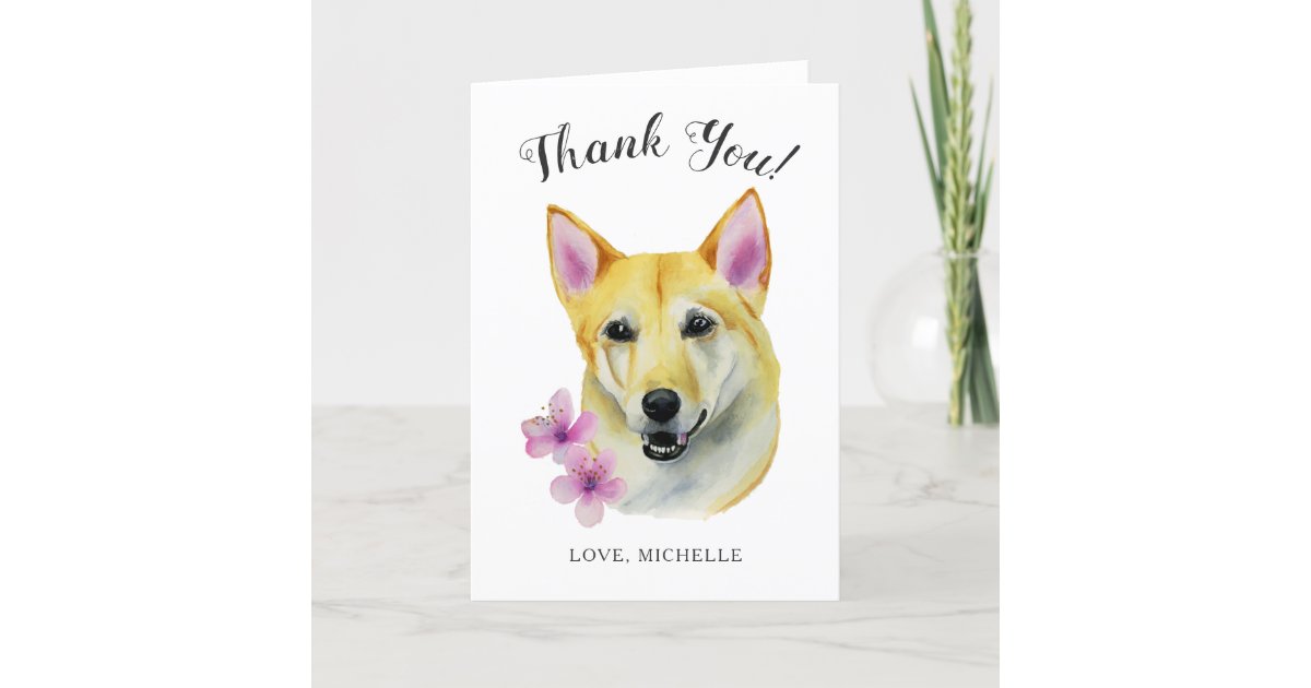 ピンクの花を持つ甘い柴犬犬 サンキューカード Zazzle Co Jp