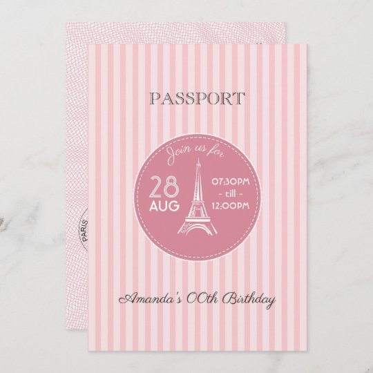 ピンクパリテーマ誕生日パーティーパスポート写真の追加 招待状 Zazzle Co Jp