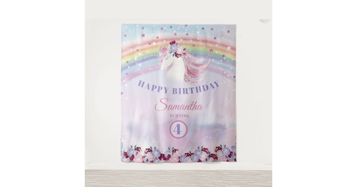 ピンクパープルとシルバーユニコーン誕生日背景 タペストリー Zazzle Co Jp