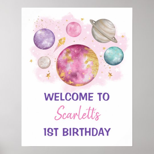 ピンク宇宙銀河系惑星ガール誕生日ウェルカム ポスター Zazzle Co Jp
